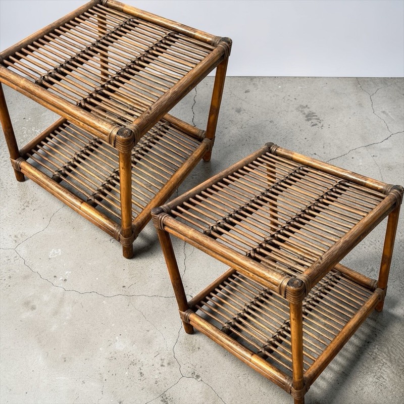 Pair Vintage Mid Century Bamboo Rattan Wicker Side End Table Stand Tiki Boho MCM gallery