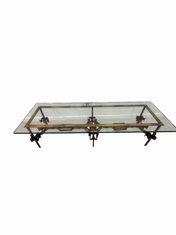 Century Gilt Wrought Iron Coffee Table Glass Top Hollywood Regency 1950s