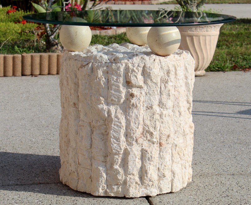 Vintage 1980s Postmodern Mactan Fossil Stone Round Side Table With Glass Top gallery