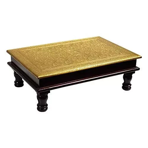 Wood & Brass Chowki Brass Work Pooja Stool Home Décor Sitting Table (18x12x6 in.