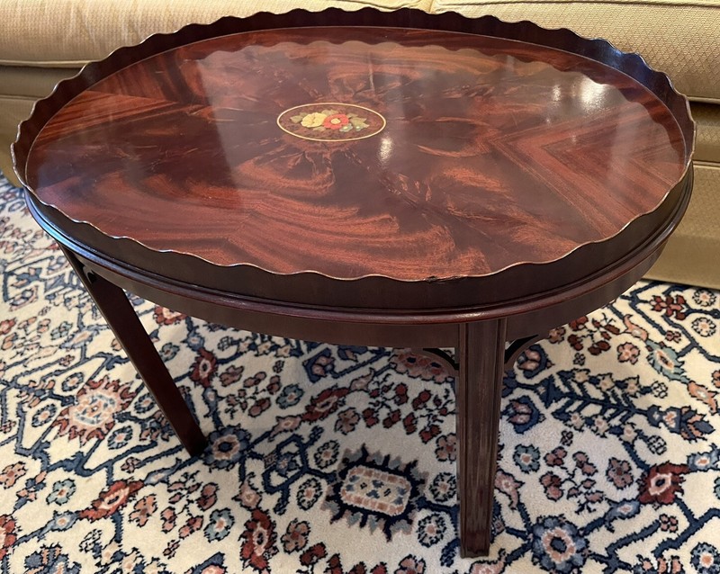 Council Craftsmen Mahogany Inlaid Oval Coffee Table With Scalloped Gallery