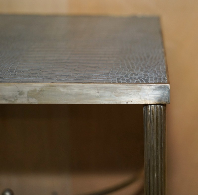 PAIR OF SQUARE VINTAGE CHROME CROCODILE ALLIGATOR LEATHER PATINA SIDE TABLES gallery