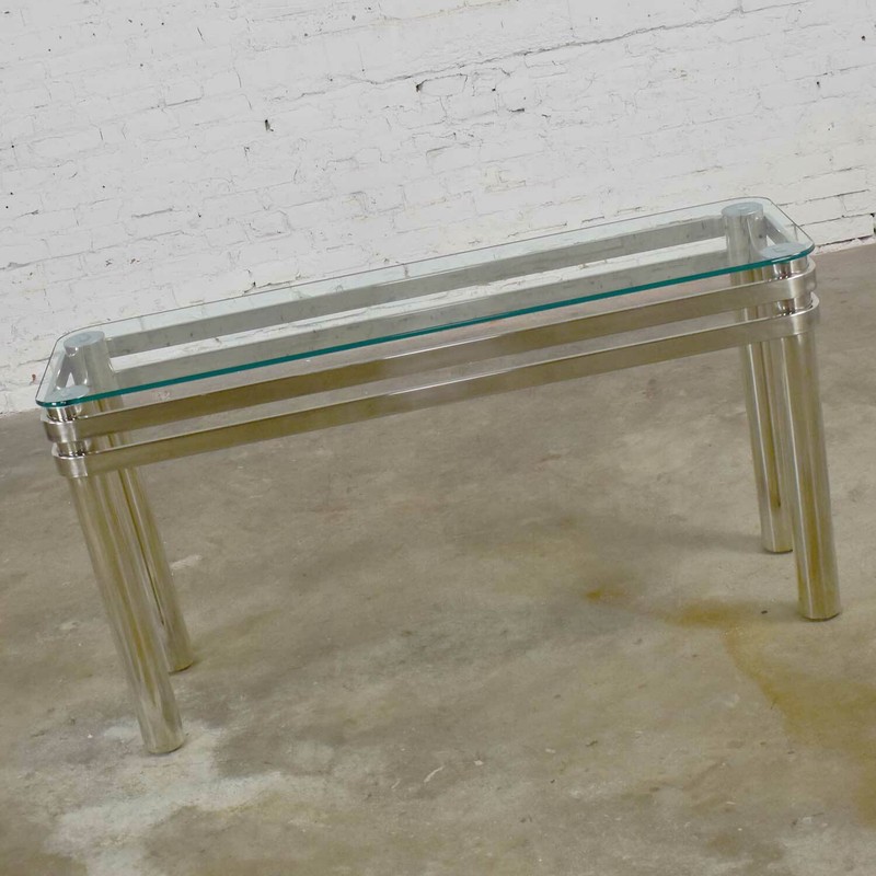 Modern Chrome Rectangle Console Sofa Table Glass Top Style Pace or Karl Springer gallery