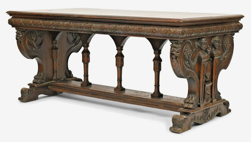Antique Library Table, American, Figural, Floral Carved, Mahogany, Circa 1900s!