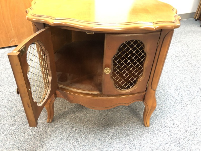 vintage French Provencial Drum Table w 2 Screened Window Doors & Scalloped Edge gallery
