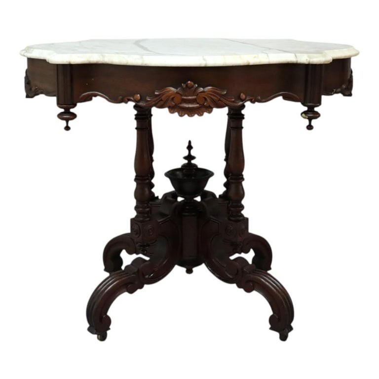 Renaissance Revival Carved Walnut & Marble Turtle Top Table c1890 gallery