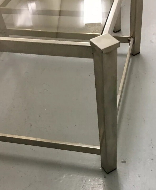 MID CENTURY MODERN HOLLYWOOD REGENCY LOW TABLES STAINLESS & GLASS PAIR gallery