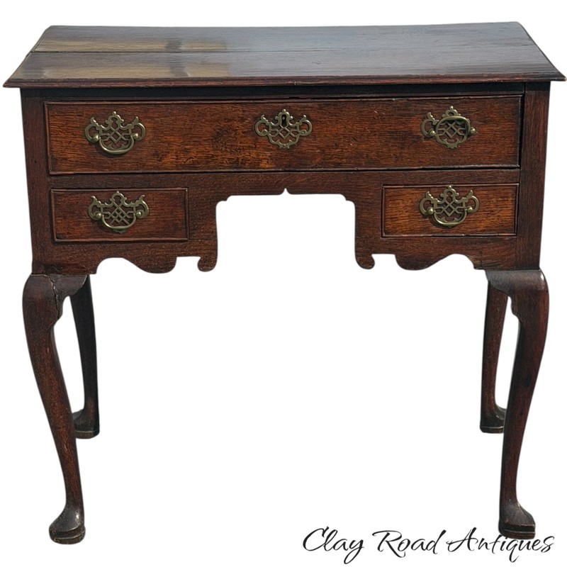 antique George II dressing table low boy oak old finish 3 drawer Queen Anne gallery