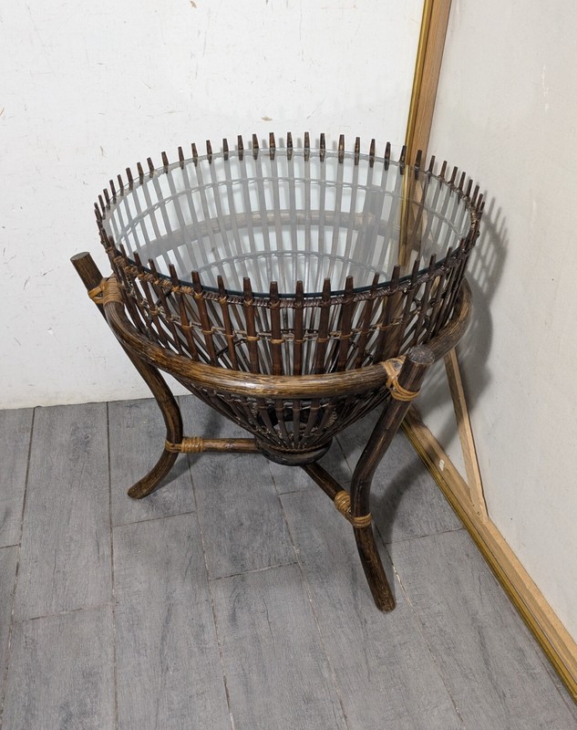 Vintage Mid Century Modern Franco Albini Style Fish Trap Bamboo Rattan Table A gallery