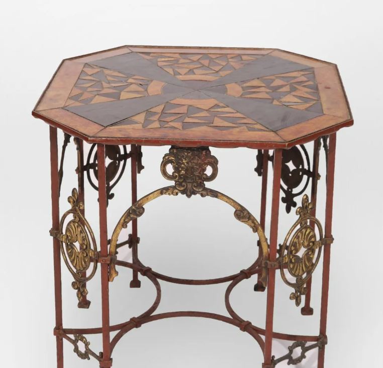 OSCAR BACH INSPIRED ANTIQUE WROUGHT IRON & GILT TABLE WITH MOSAIC GLASS TOP gallery