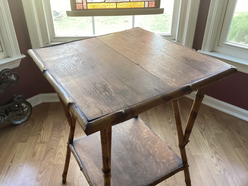 Antique Bamboo & Oak Aesthetic Movement Victorian Side Parlor Lamp Table 29x19sq gallery