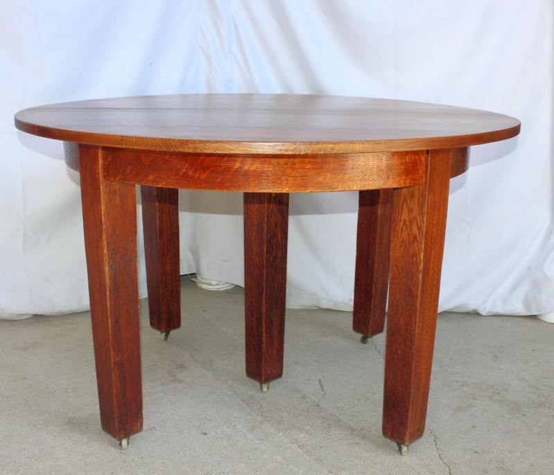 Antique Gustav Stickley Round Mission Oak Dining Table – with 4 leaves gallery