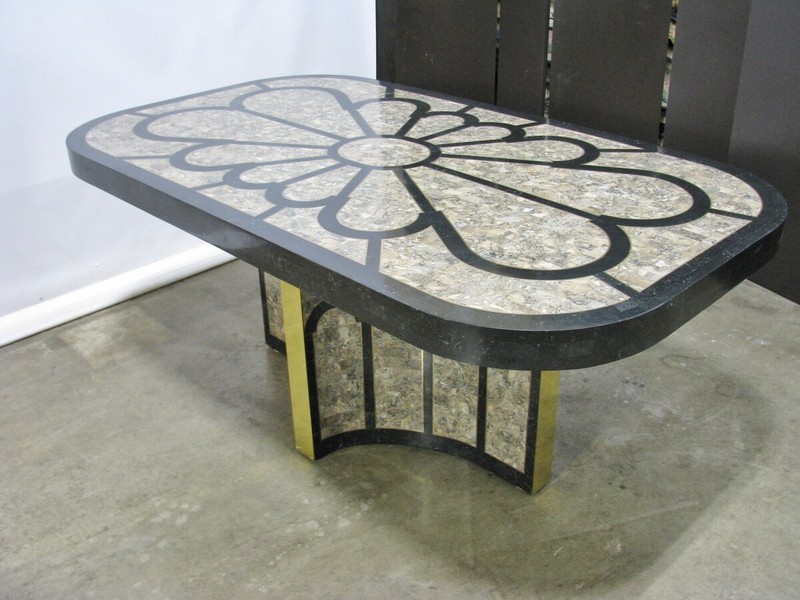 Maitland-Smith 72″ Dining Table Tessellated Fossil Stone w/ Inlay Triangle Base