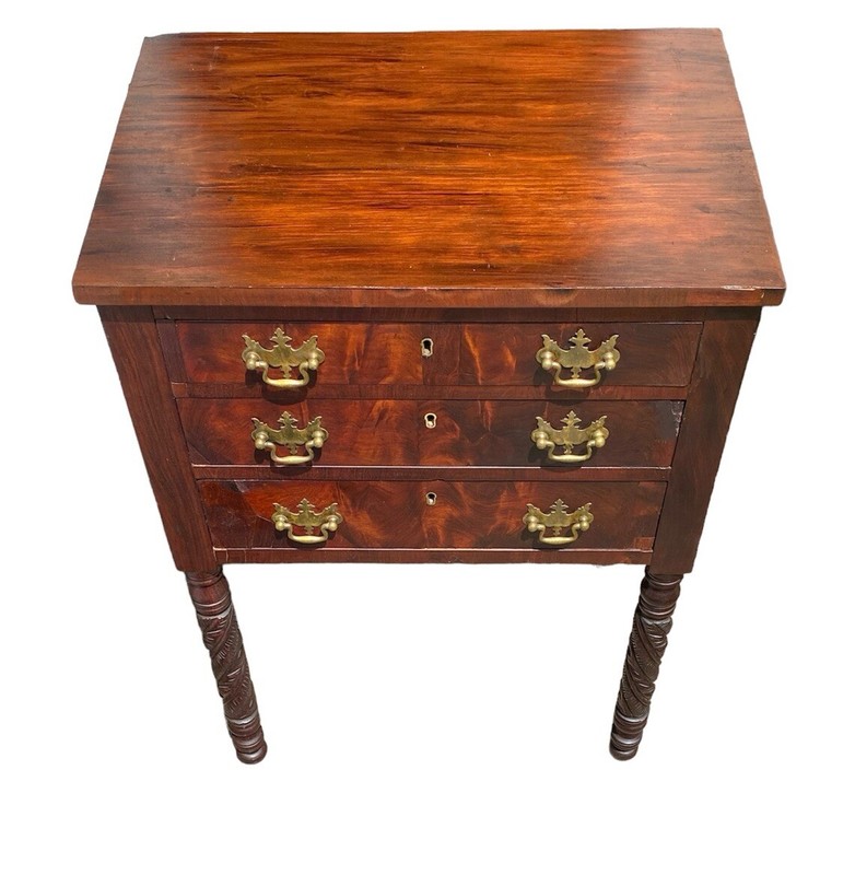 Antique Sheraton Mahogany Worktable / Sewing Stand with 3 Drawers & Carved Legs gallery