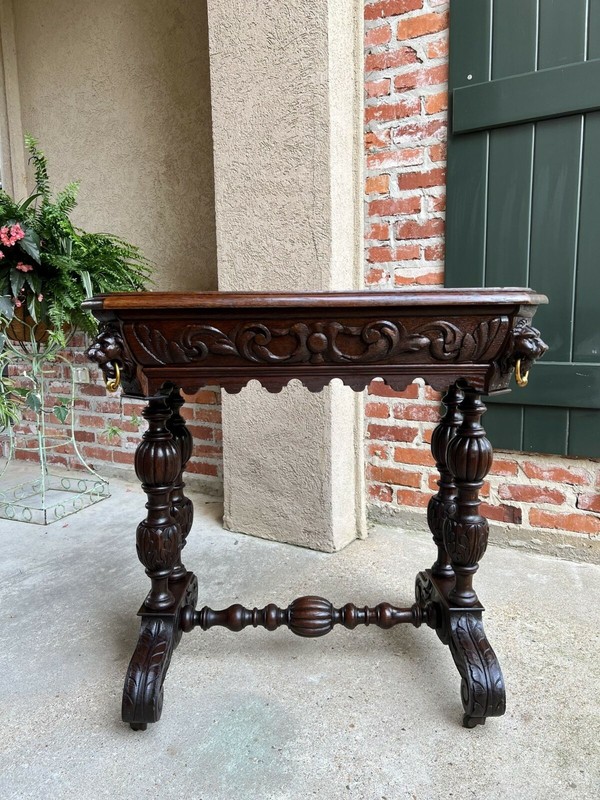 Antique French Carved Oak Library Table Petite Desk Renaissance Lion 19th c gallery