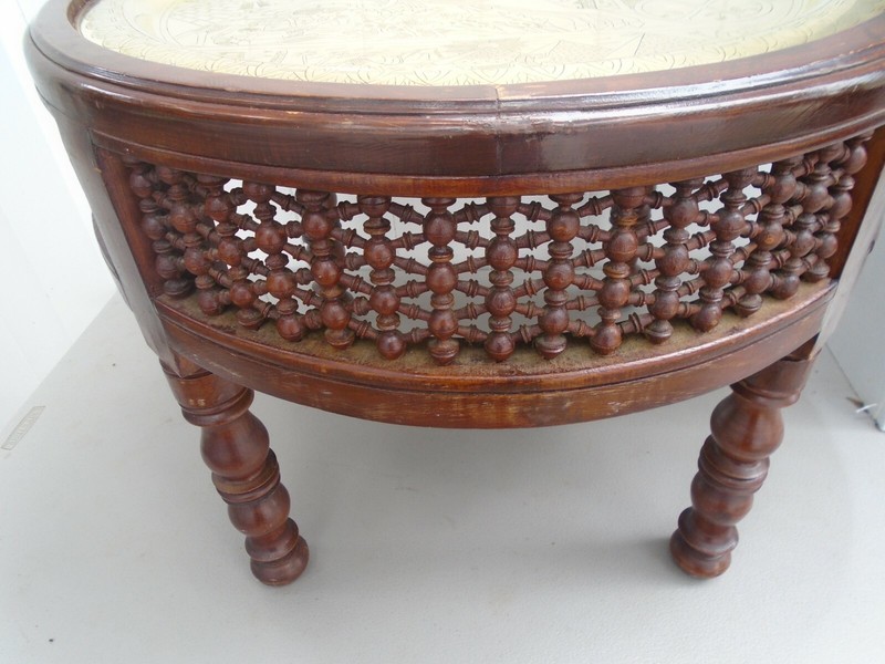 Vintage Wood Brass Moroccan Style Table Tray Etched Detail Egypt Pyramids Sphinx gallery