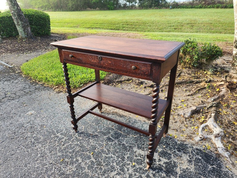 Ewardian Barley Twist Oak side / serving table on custers c.1900 gallery