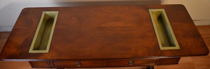 1920 Antique LANE Regency Mahogany sofa table / console table with planters gallery