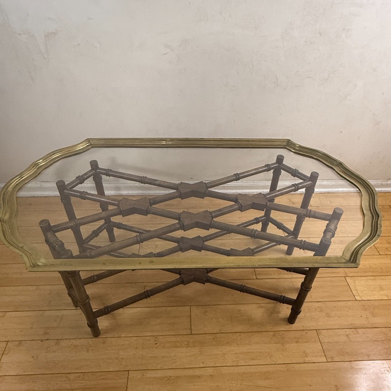 Vintage MCM Baker Style Brass & Glass Coffee Table Faux Bamboo 42″ x 23″ x 16″