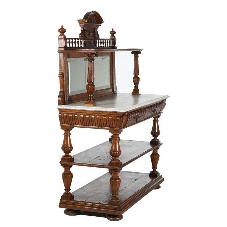 Antique Oak Marble Top Server with Mirrored Back Splash & Spindled Rail C1900 gallery