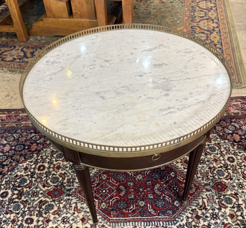 Antique French Louis XVI Mahogany Marble Top Bouillotte Round Side Table gallery