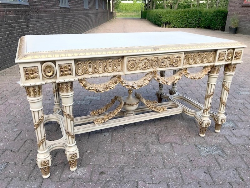 Center Table French Louis XVI Cream Gold Hand Carved Vintage Decor gallery