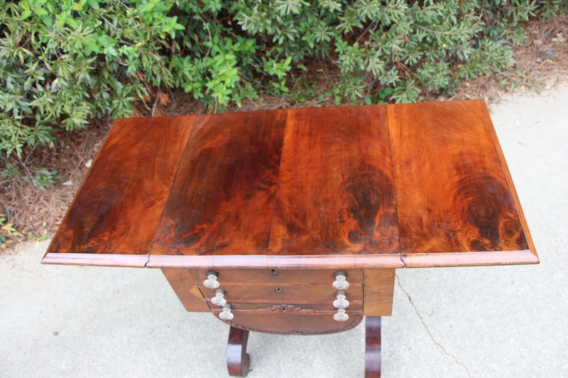 Empire Ca.1840 Flame Mahogany Three Drawer Drop Leaf Pot Belly Sewing Table gallery