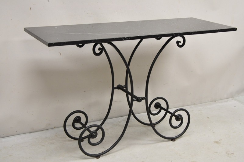 Vtg French Country Pastry Style Wrought Iron Marble Top Baker's Console Table gallery