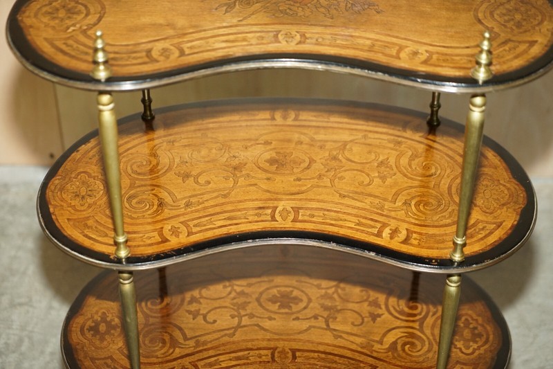 FINE PAIR OF ANTIQUE CONTINENTAL THREE TIER KIDNEY SHAPED BRASS ETAGERE TABLES gallery