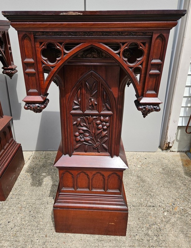 Pair Antique French Carved Gothic Revival PEDESTAL tables Monumental Victorian gallery