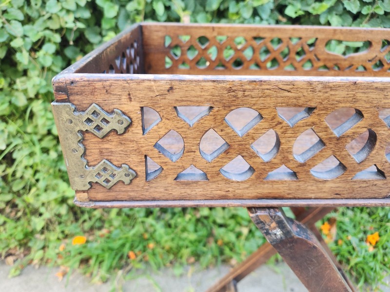 Vintage Wooden Butler Tray Table Folding Stand Pierced Gallery Brass Corners gallery