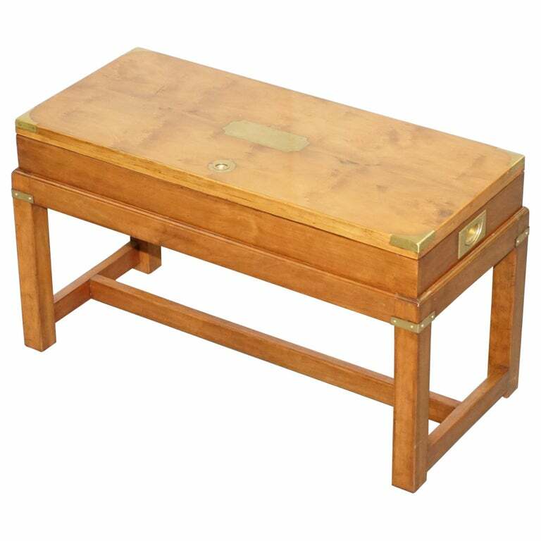 RARE BURR YEW WOOD MILITARY CAMPAIGN GUN CASE COFFEE SIDE TABLE ON ORIGINAL BASE
