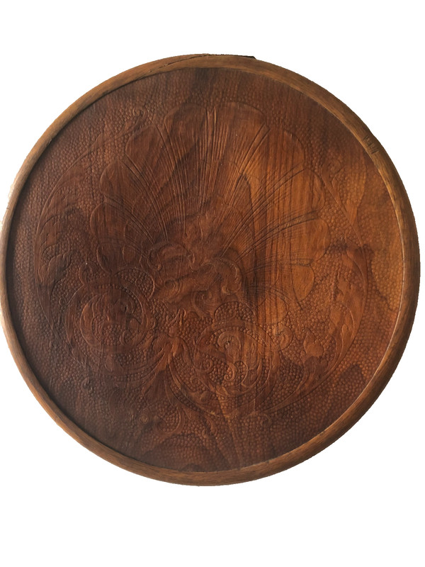Antique carved wood table top 16 in. diameter with bent oak border gallery