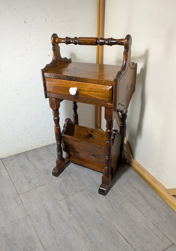 Vintage Rustic Pine Wood Telephone Stand Nightstand Table Magazine Rack Colonial