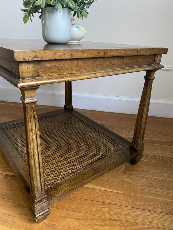 Heritage 2-Tier Burl Fruitwood & Cane Side Table with Pull-Out Tray - 1970s gallery