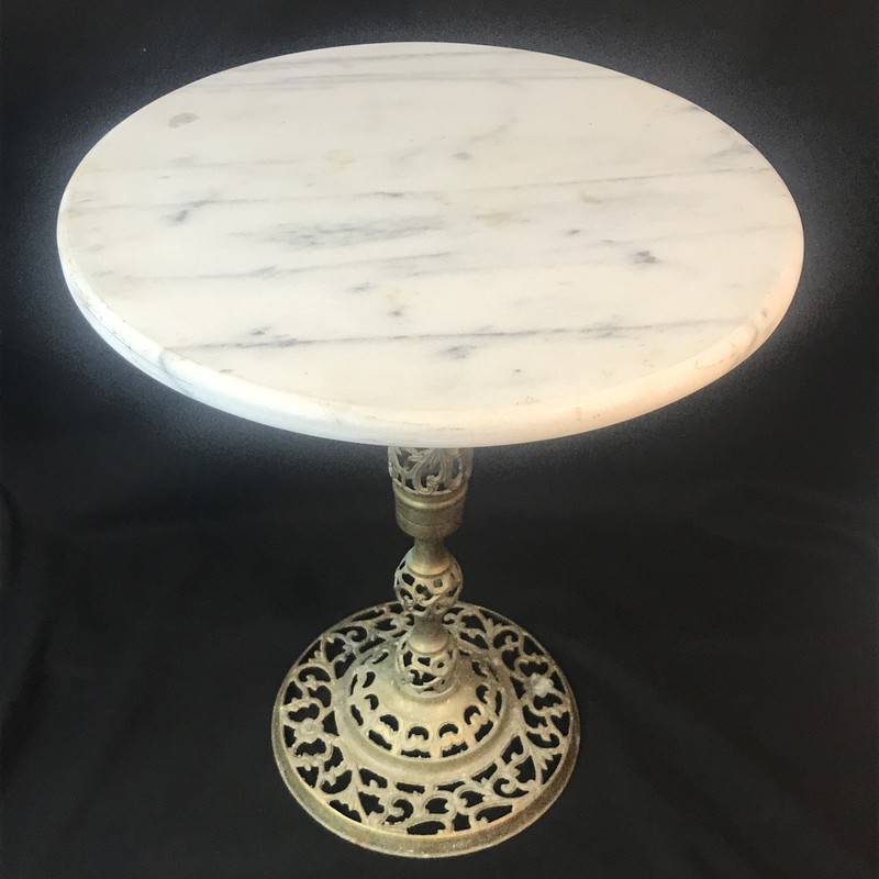 Vtg Round Marble & Pierced Brass Side Table Plant Stand Holywood Regency