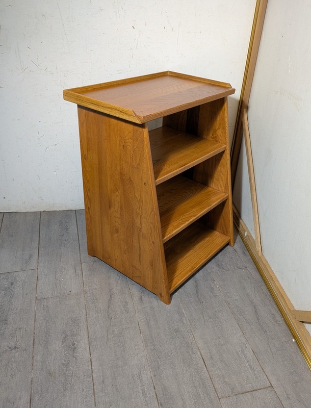 Vintage Mid Century Modern Oak Wood Telephone Table Slanted Nightstand Shelf A gallery