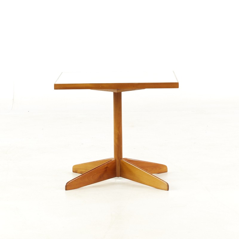 Edward Wormley Style Mid Century Walnut and White Laminate End Tables - Pair gallery