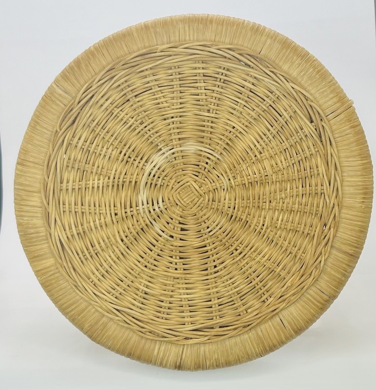 Vintage Mid-Century Rattan Round Stool End Table Filigree Details gallery
