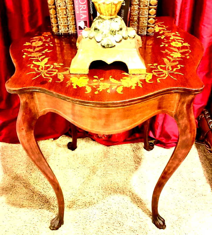 Antique French Louis Philippe Mahogany Accent Table Inlaid Marquetry Turtle Top gallery