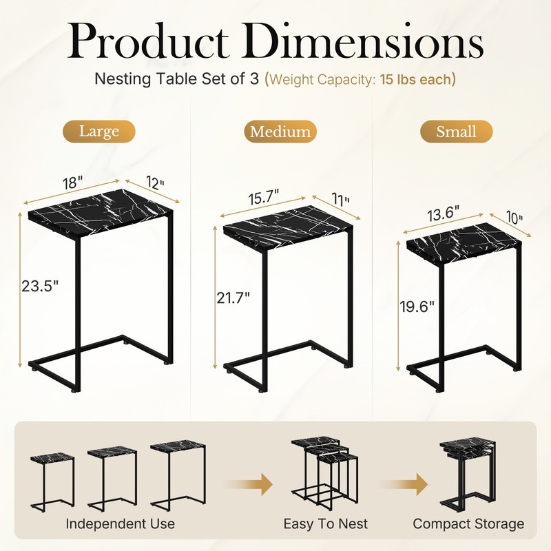 Nesting Tables 3PCS Side Tables Coffee Tables End Tables w/ Metal Frame Black gallery