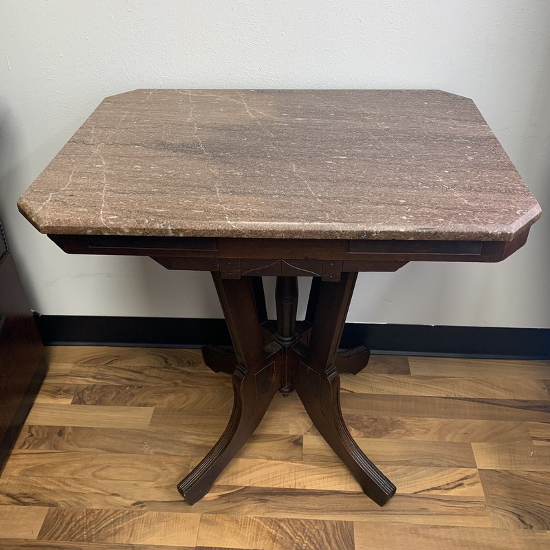 Antique Carved Walnut w/ Removable Rouge Marble Top Pedestal End Table