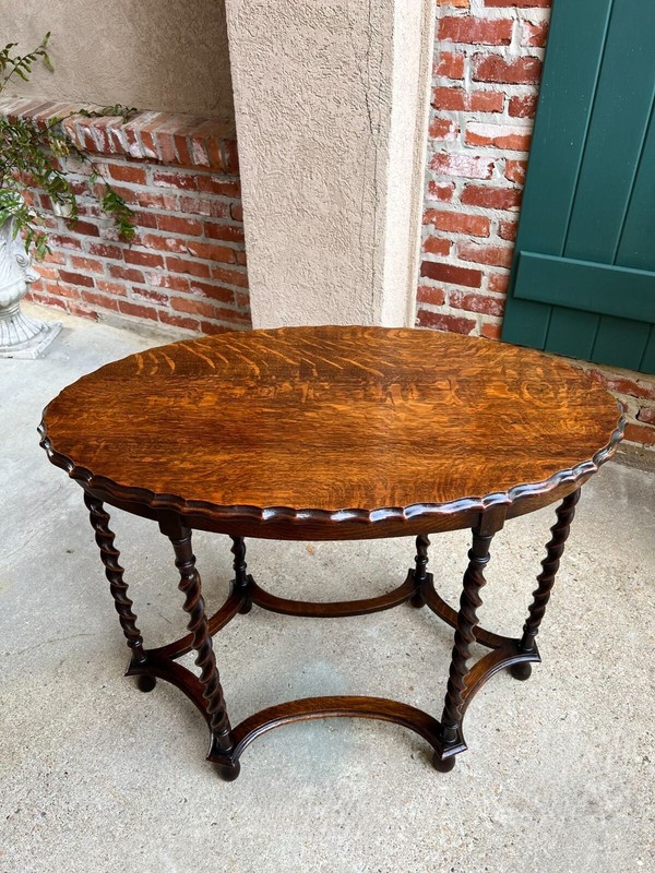 Antique English OVAL Side Center Table BARLEY TWIST Tiger Oak Jacobean c1920 gallery