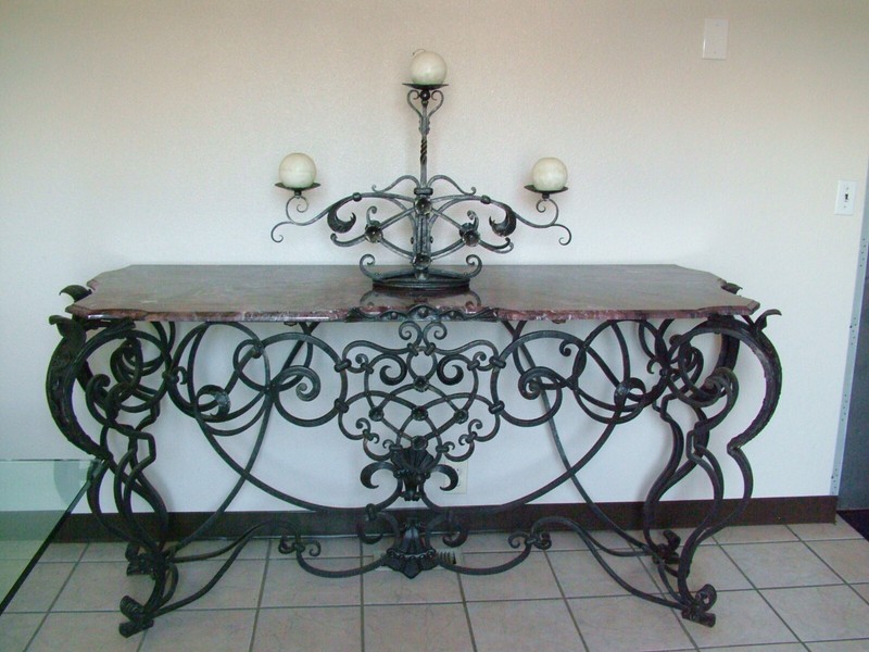  Custom wrought iron Victorian style console table with Italian marble top  