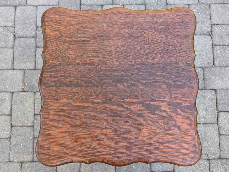 Antique Quarter Sawn Tiger Oak Parlor Table, Curved Legs, Carved Edges gallery