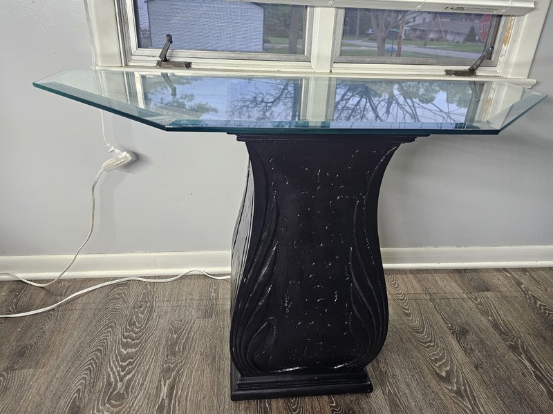 Vintage 1980s Sofa Table Pedestal Side Table Beveled Glass Top Foyer Table Black gallery