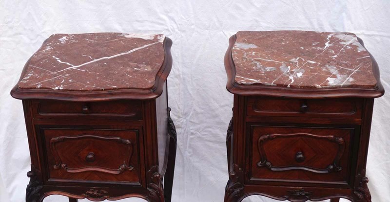 French Carved Rosewood Red Marble Pair Night Stand Side Table Louis XV Style 19C gallery