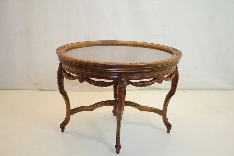 French Louis XV Walnut Lift Top Tray Tea Side End Table with carved swags Apron gallery
