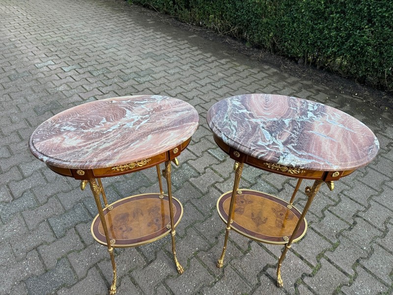 Tables French Louis XVI Mahogany Bronze Marble Oval Side Pair 1980 gallery