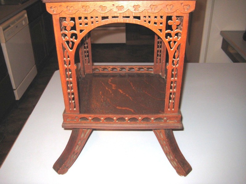 Fancy Scroll Frett Work Antique Victorian 1/4 Saw Oak Three Tiered table Stand gallery